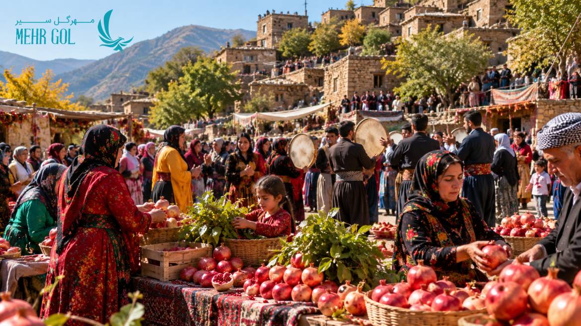 جشنواره انار کردستان در روستاهای اورامان با حضور مردم محلی و عرضه انار