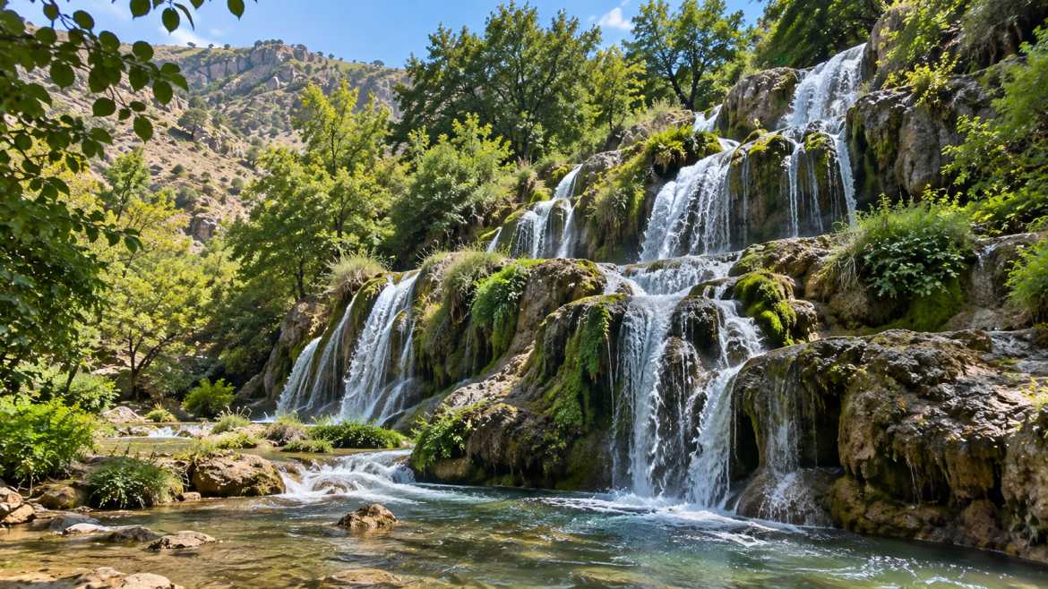 نمایی از آبشار گریت (تاف هفتچشمه) لرستان با آبشارهای پلکانی، صخرههای پوشیده از خزه و طبیعت سرسبز