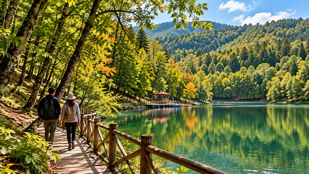پیادهروی گردشگران در مسیر جنگلی کنار دریاچه شورمست سوادکوه