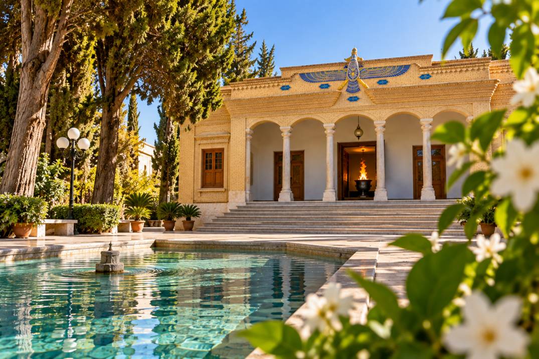 حوض و نمای ساختمان آتشکده زرتشتیان یزد