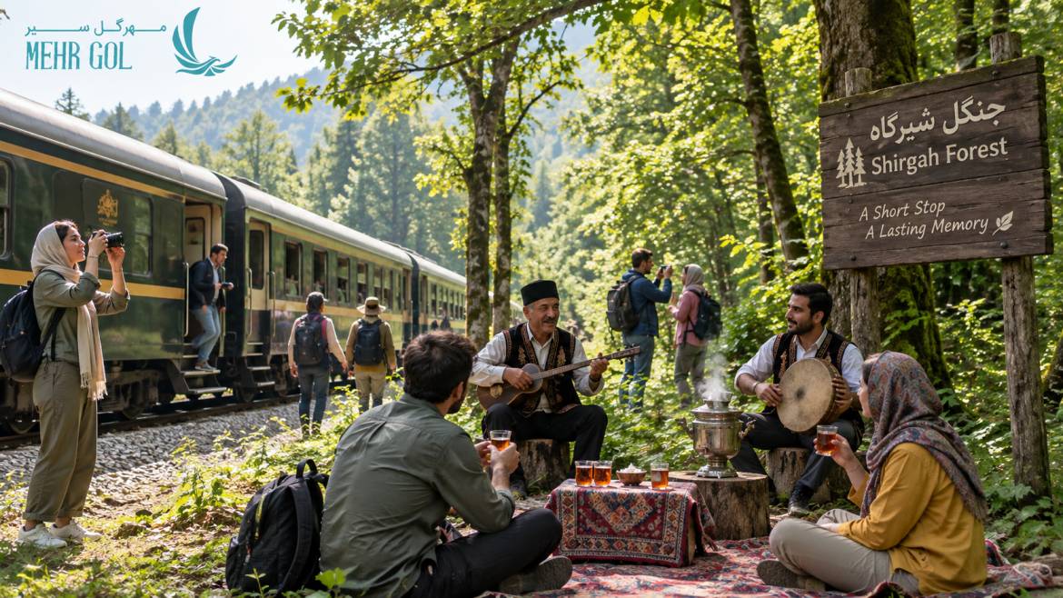 توقف گردشگران در جنگلهای شیرگاه همراه با چای آتشی و موسیقی محلی در تور قطار شیرگاه