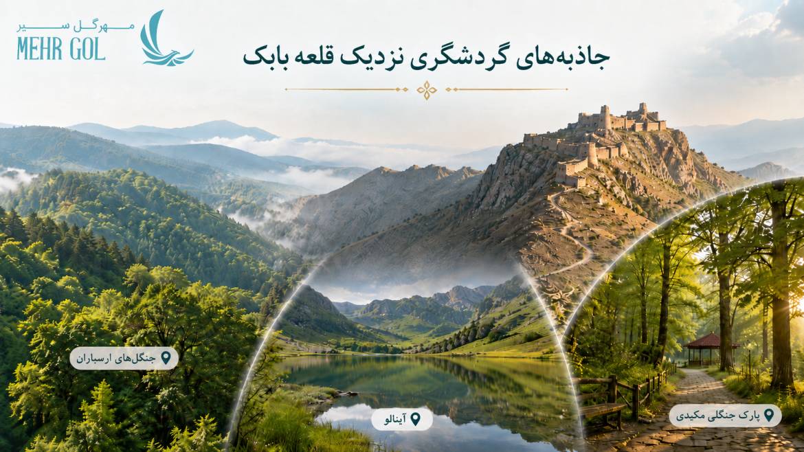 کلاژ جاذبههای گردشگری نزدیک قلعه بابک شامل جنگلهای ارسباران، آینالو و پارک جنگلی مکیدی در منطقه کلیبر