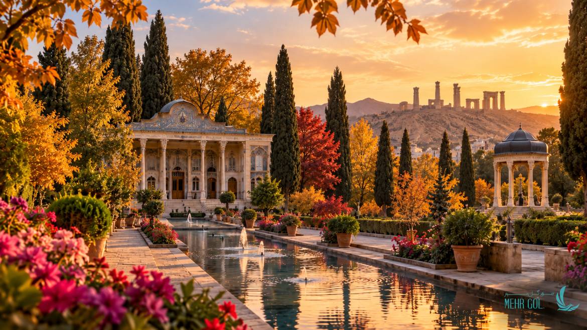 نمای پاییزی شیراز با باغ ایرانی، درختان سرو و جاذبههای تاریخی شهر