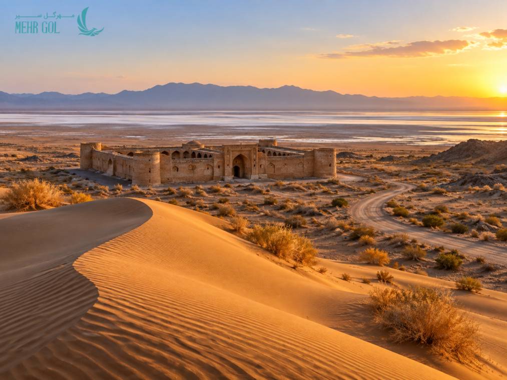 کویر مرنجاب در پاییز با تپههای شنی، کاروانسرای تاریخی و دریاچه نمک در غروب