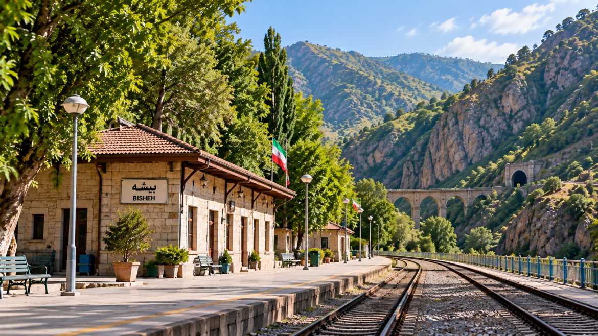 نمایی از ایستگاه راهآهن بیشه لرستان، خطوط ریلی، پل و تونل قطار در میان کوههای زاگرس