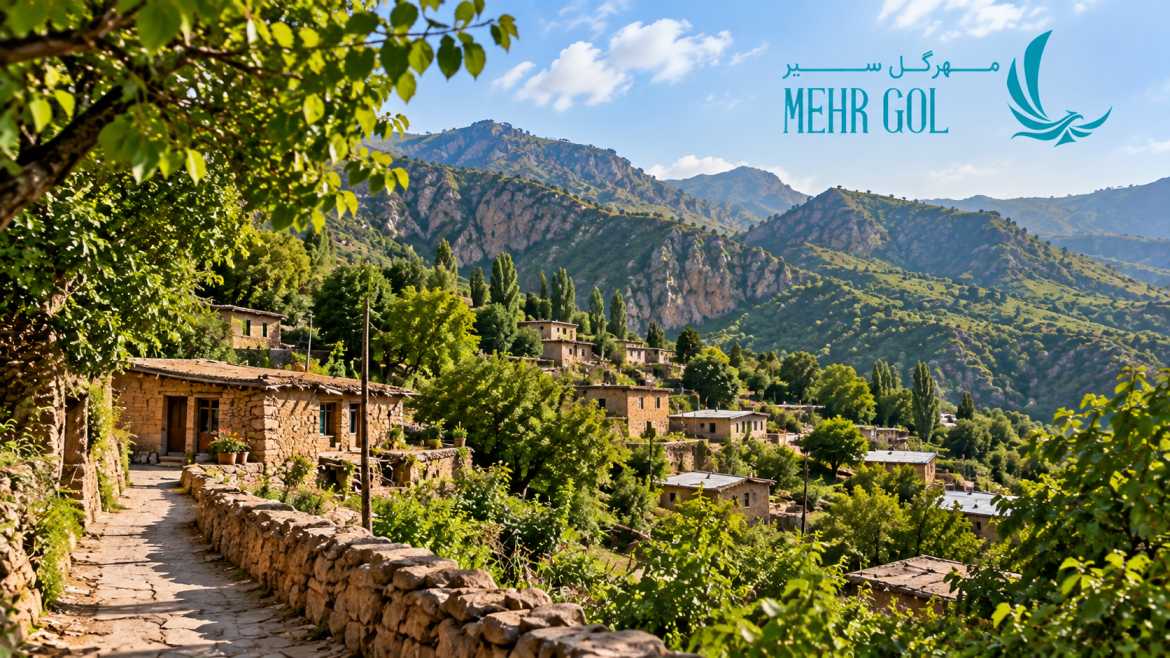 نمایی از روستای بیشه لرستان با خانههای روستایی، طبیعت سرسبز و کوههای زاگرس