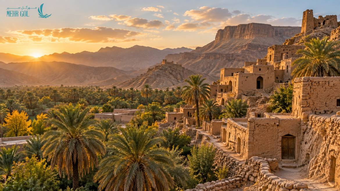 نمای پاییزی طبس و روستای نایبند با خانههای خشتی، نخلستان و کوههای کویری