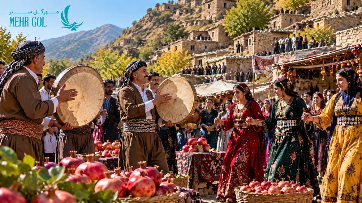 دف&zwnj;نوازی و موسیقی کردی با پوشش محلی در جشنواره انار اورامان