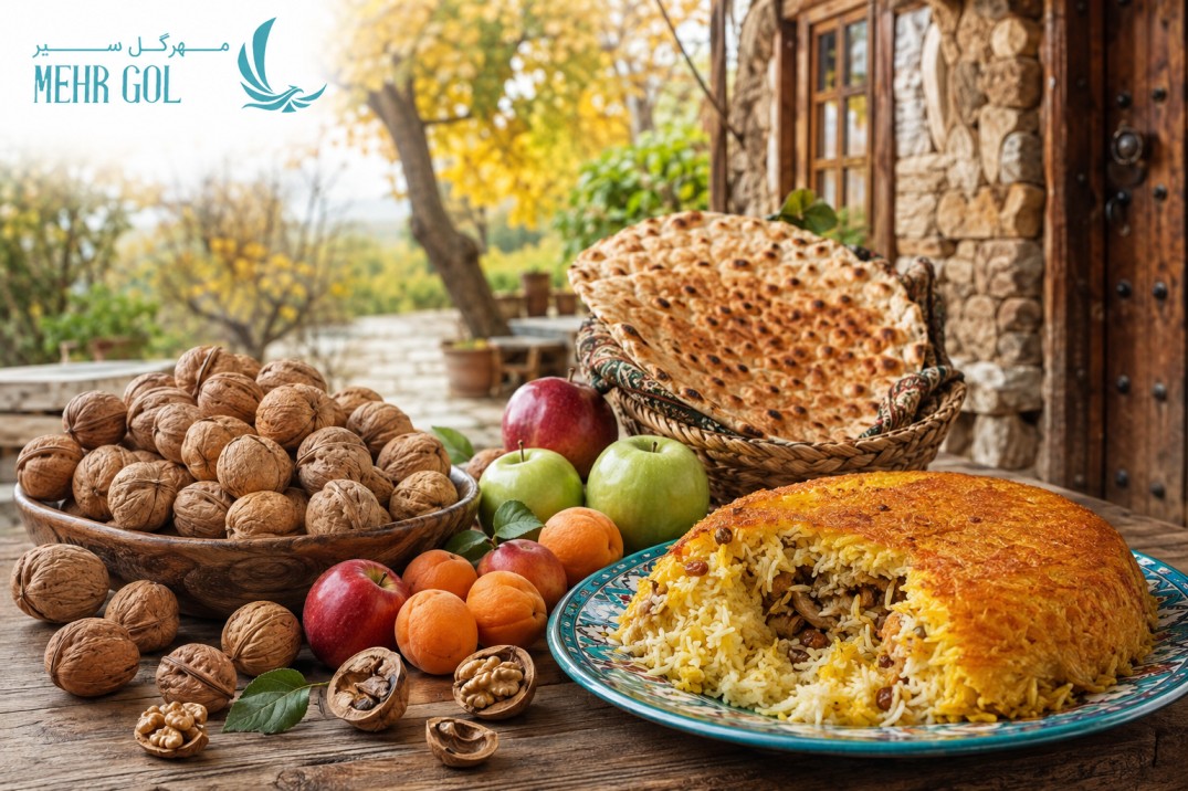 سوغات و غذاهای محلی شهمیرزاد شامل گردو، سیب، زردآلو، نان تنبلک و ته&zwnj;چین